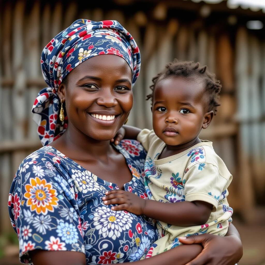 A mother holds her child in a close embrace. Both wear colorful traditional outfits. The background is out of focus wooden structure.