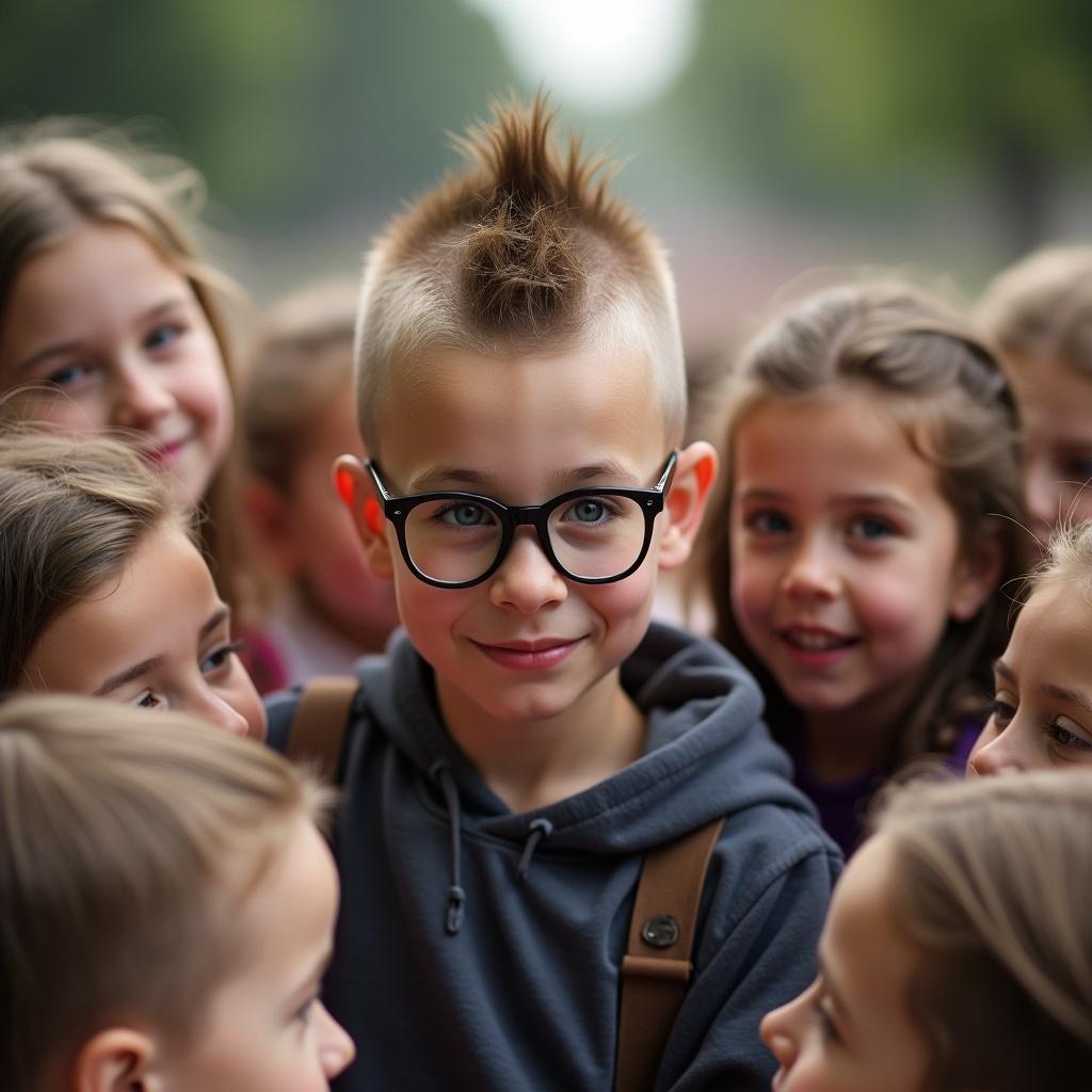 The image features a young boy with glasses, characterized by an overgrown buzz cut and a friendly smile. He is surrounded by a group of little girls who are looking at him with affection. The scene is set outdoors, with soft natural lighting that enhances the playful and warm atmosphere. The boy's expression is vibrant, showcasing a youthful and nerdy charm, while the girls exhibit a range of joyful emotions. This candid moment captures the innocence and joy of childhood friendship.