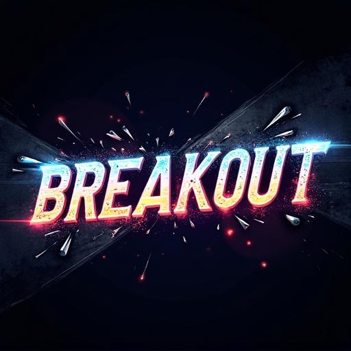 Design modern text art for the word 'Breakout.' Bold angular font with sharp edges. Incorporate crack-like fractures. Neon color palette with electric blues fiery reds and silver accents. Dark urban-inspired background. Text feels like exploding from confines. Add motion blur and glowing effects.