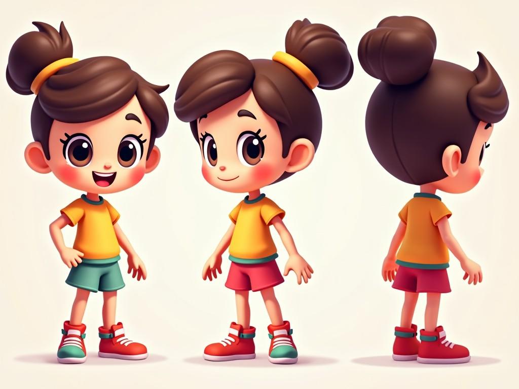 This image features a cartoon character designed for children. The character appears in a cheerful pose, showcasing their playful personality. They have a stylish outfit with a rounded shirt and shorts that emphasize fun and activity. The character's hairstyle, which consists of two ponytails, adds to their cute appearance. The overall color scheme is bright and friendly, perfect for attracting a young audience.