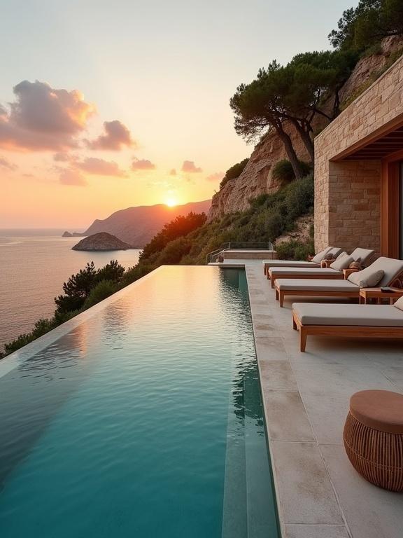Luxurious sunset scene at a coastal cliffside villa with an infinity pool overlooking the ocean. Modern architecture combines nature and elegance. Ideal for relaxation with plush loungers.
