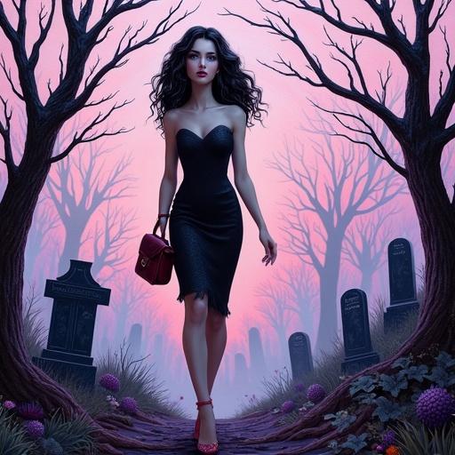 A young woman walks through a graveyard. She has dark wavy hair and is wearing a black form-fitting dress with a dark red purse. Her expression is neutral. She has large expressive eyes and is slender. Positioned slightly right of center, walking toward the upper right corner. Her posture is confident. The cemetery has dark trees and tombstones. Background is light pinkish-purple. The style is comic book-inspired with bold outlines.