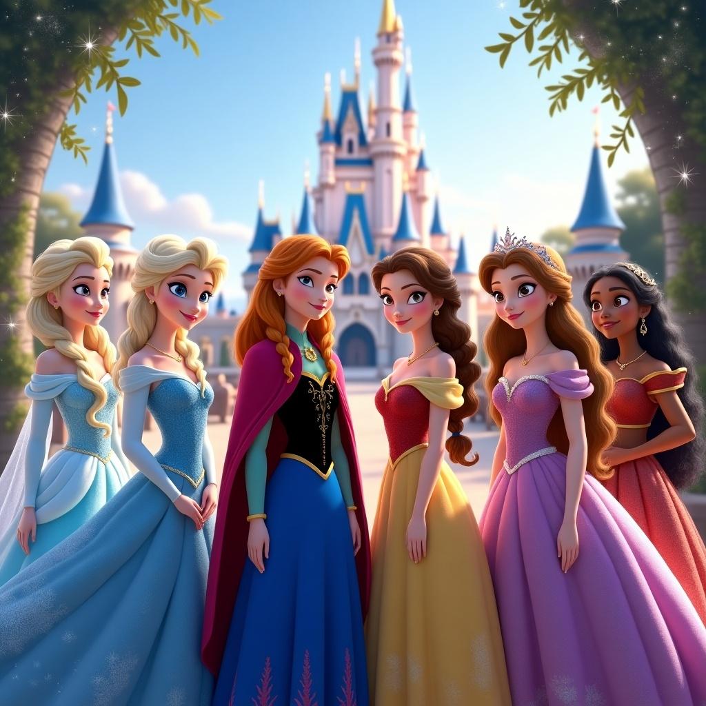 Seven Disney princesses gather in front of a stunning castle. Elsa, Anna, Rapunzel, Belle, Moana, Cinderella, and Snow White stand together. The scene is enchanting with sparkles and a magical atmosphere. They wear their iconic dresses. The background features a large Disney castle.