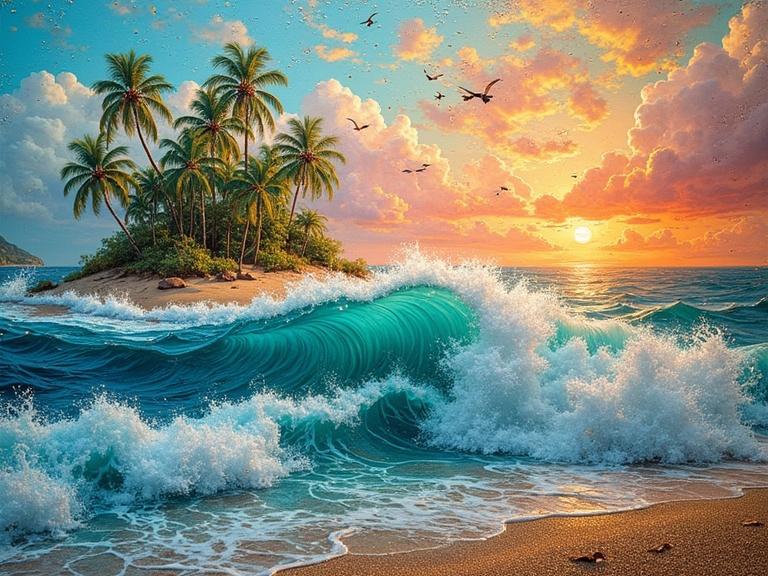 A vibrant tropical island scene with rolling waves and a beautiful sunset. Iridescent colors and intricate gold detailing. Elements like newspaper, jute fibres, wood, sand, and glittering confetti. Mixed media with texture play. Luminous and multilayered composition.