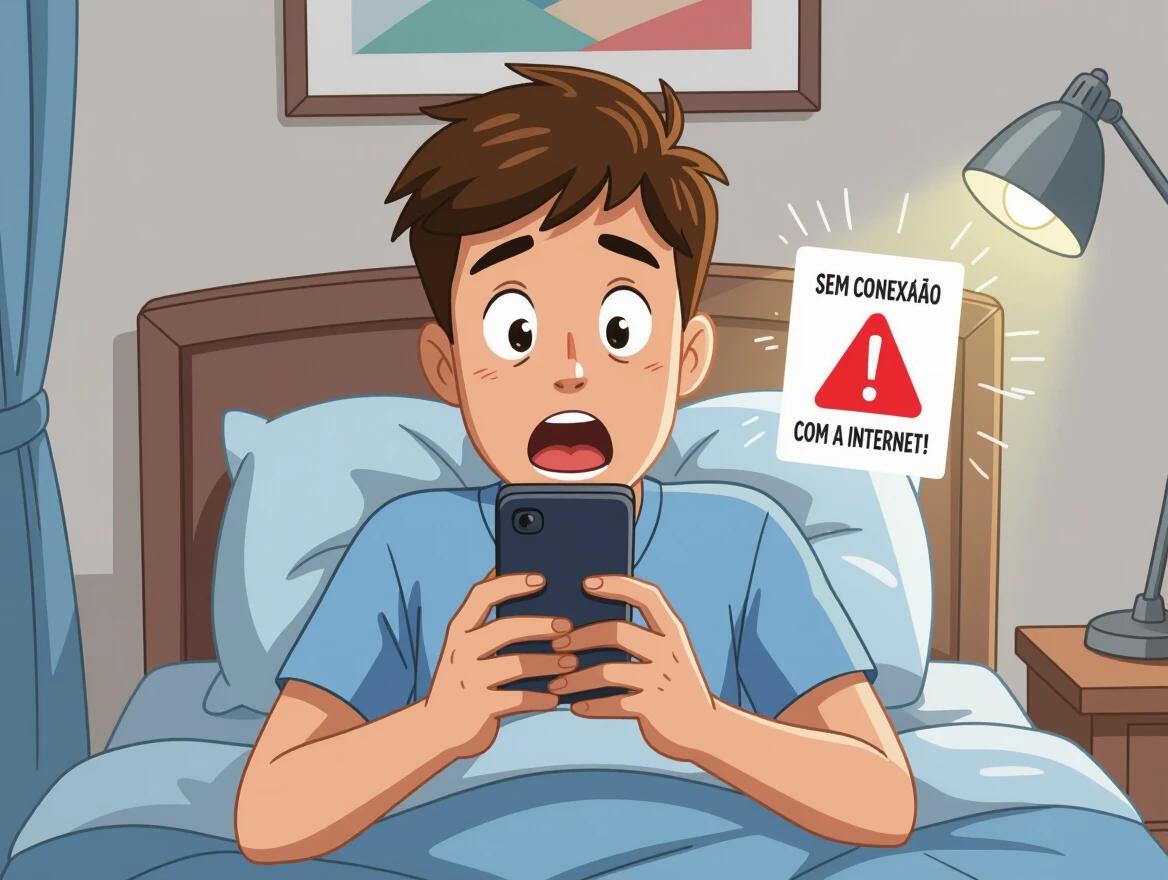 A young man sits up in bed holding a smartphone. His eyes are wide open and mouth is agape. The smartphone screen is glowing. The text 'Sem conexão com a Internet' appears on the screen. The light from a window creates a cozy atmosphere. The character appears worried and slightly leans back. Surroundings include a wooden headboard and colorful bedding. The animation is clean and light with a focus on the character's emotional reaction.