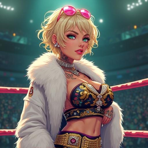 Anime inspired character with emerald green eyes and light blonde curly hair adorned with pink sunglasses and diamond jewelry. A muscular woman in an oversized martial arts arena, donning an extravagant kimono and fur coat while holding a championship belt. She displays a violent grin and features prominent tattoos. The scene is colorful and vibrant, set in a luxurious environment.