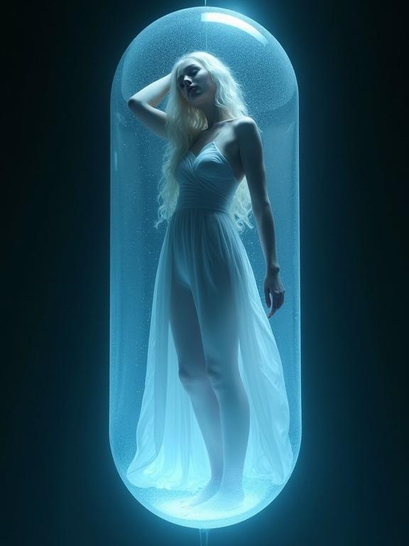 Photograph of a woman in a glowing capsule. The woman has long white hair. She wears a flowing white dress. The capsule is transparent and illuminated. Background is dark. The scene evokes tranquillity and otherworldliness.