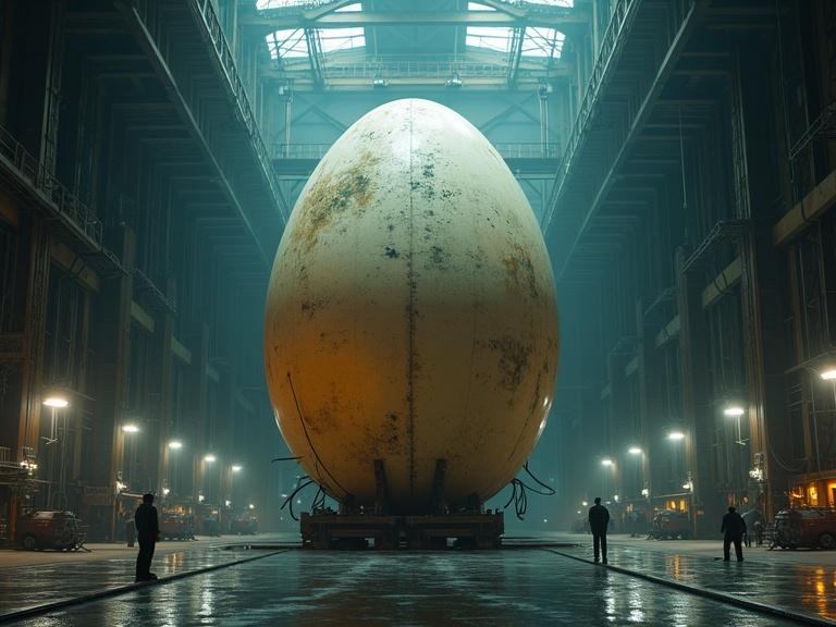 Cinematic close up image of a 50 ft tall egg on mechanical hydraulic supports in a large dark hanger. Shot from a low angle looking up. Bright spotlights shine on the egg and reflect on the metal floor. Include small people, scientists, and technical equipment. Emphasize details, textures, and shadows.