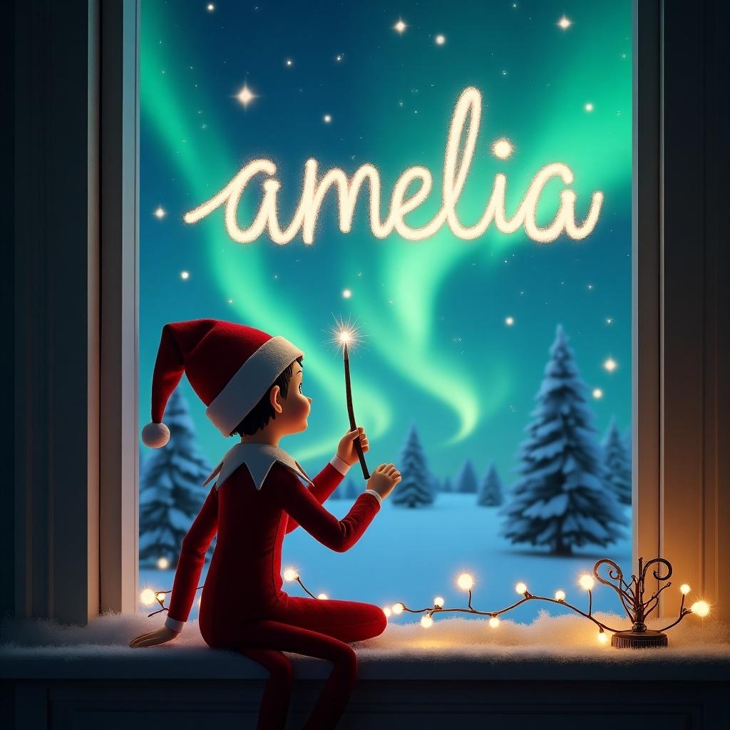 The image depicts an elf on the shelf, sitting with his back to the viewer. He faces a window under a magical night sky filled with northern lights. Using a wand, he creates the name 'amelia' in sparkling letters across the sky. The background showcases a serene winter scene with snow-covered trees, evoking a festive atmosphere. The elf is engaged in a special moment, making it a heartwarming holiday portrayal.