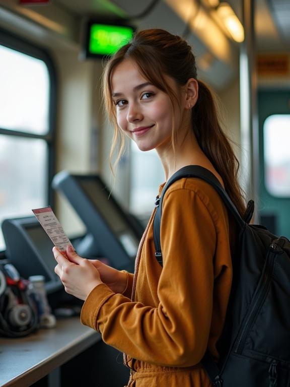 Teen girl buying a train ticket at a booth. She has a backpack and smiles at the camera. Scene is inside a train compartment with large windows and modern design.