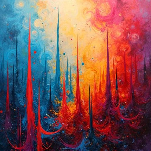 A vibrant abstract composition with colorful spikes and swirls. Dynamic fluid motion evident throughout the piece.