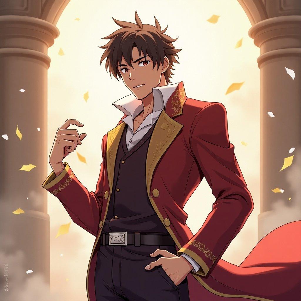 Anime boy wearing a red and gold outfit. Dramatic pose evokes a sense of conquest and heroism. Background features soft light and floating particles.