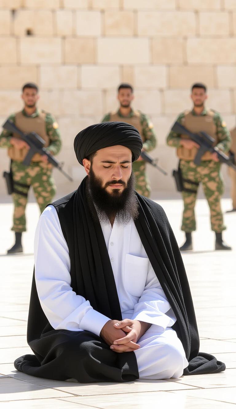 A man prays with eyes closed while armed guards observe from the background. The atmosphere is tense. The man is wearing traditional white clothing. The guards are dressed in camouflage with weapons. The setting is outdoors with a stone wall behind them.