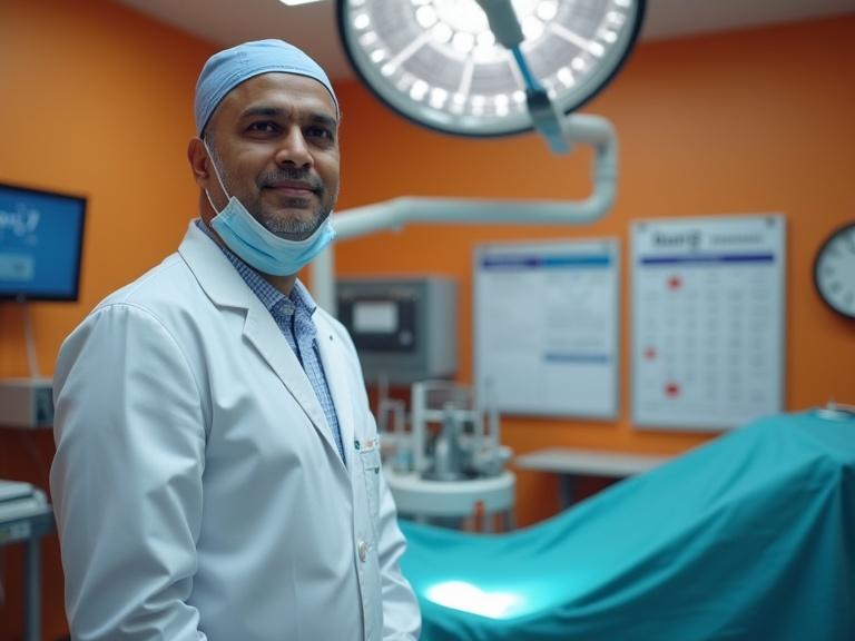 A landscape image featuring an Indian plastic surgeon positioned on the left side. Background shows a lens-blurred modern operation theatre with orange and blue hues. Right-third includes a calendar with date highlighted, a medical chart, and a clock at 9:00 AM. Overlay text in bold, sans-serif font says Return to Work Timeline. Surgeon wears a professional white coat and surgical mask, conveying calm expertise.