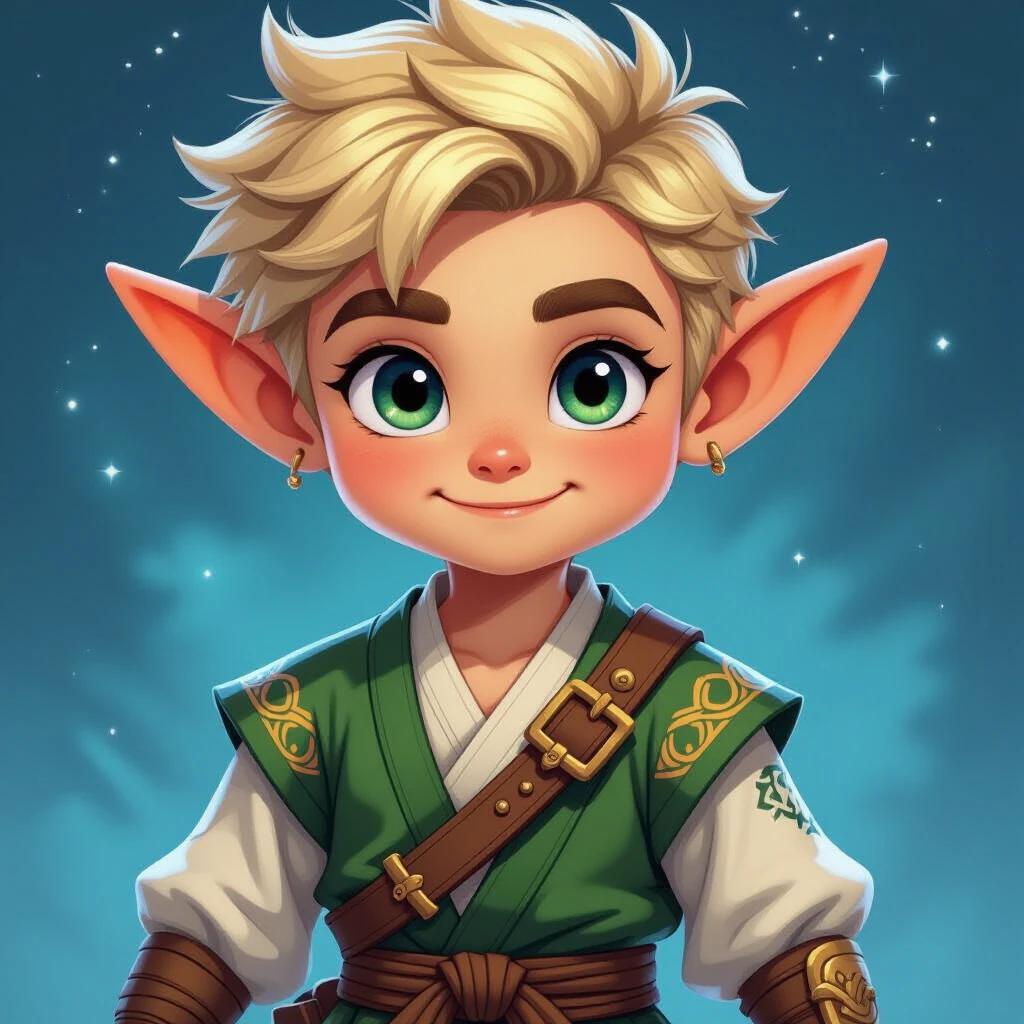 Character with elven traits. Pale gray eyes and very light skin. Warrior training outfit similar to a kimono. Short hair. Cosmic black background. HQ comic book cover art.