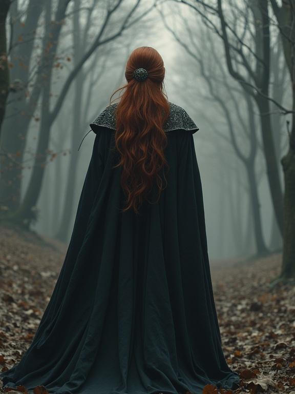 Figure in a dark cloak standing in a foggy forest. Long red hair cascades down the back. The scene has an unsettling yet beautiful atmosphere, surrounded by trees.