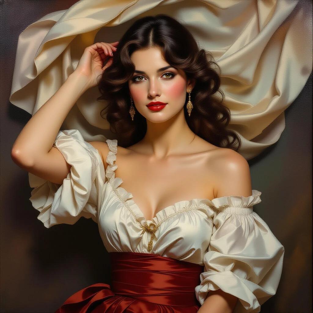 Oil painting depicting a woman in a typical portrait pose. The fabric is floating around her, creating a dramatic effect. The style is inspired by William Waterhouse and Tadema.
