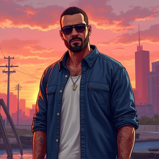 GTA 6 inspired cover design featuring a character with sunglasses in an urban setting during sunset. Character wears a casual outfit with a visible chain. City skyline in the background.