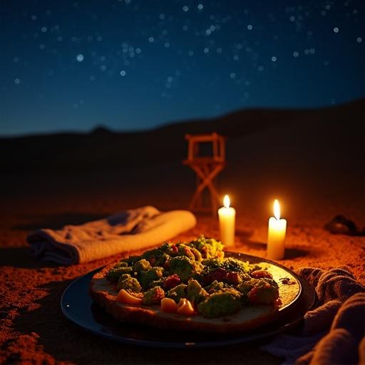 Toasted marraqueta served with avocado and ají amarillo in Atacama Desert. The scene is lit by candles under a starry sky. Blankets and a thermos are included, with sand dunes in the background. The style captures a moody night atmosphere with soft LED lighting.