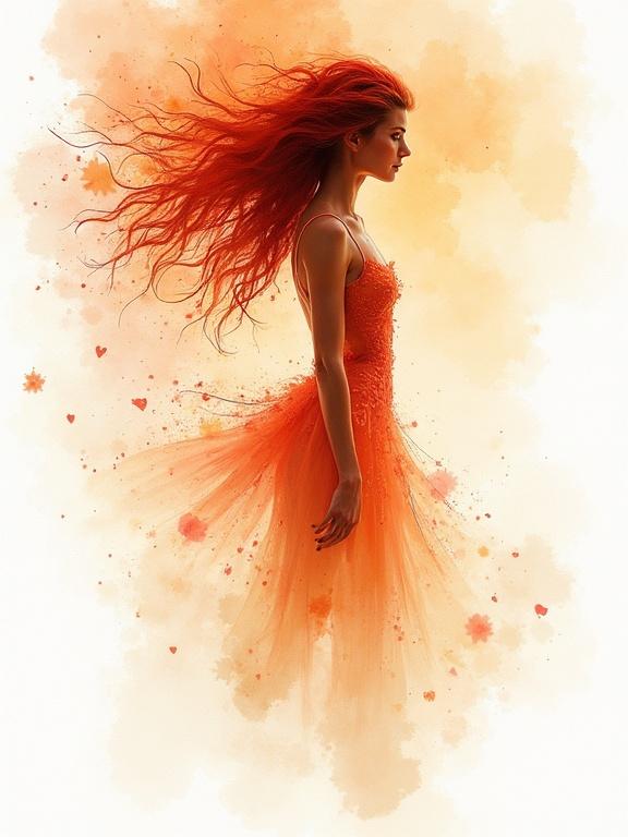 A mesmerizing artwork blending various styles. A female figure in an intricate orange dress poses gracefully. Flowing hair adds a sense of movement. The background features a watercolor style with soft blended colors and dynamic white space. Details are intricate and expressive, with a soft and splashy color palette highlighting chaotic beauty.