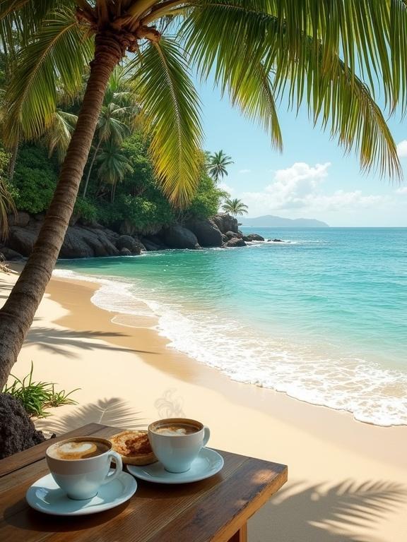 Tropical beach scene with shoreline and ocean. Smooth sandy beach meets dynamic waves. Clear turquoise water transitions to deeper blue. Lush palm trees frame the beach. Two coffee cups and sandwiches on a table in the foreground. Bright blue sky with fluffy clouds.