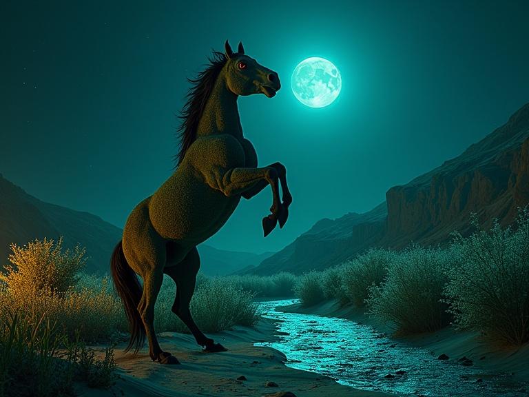 A wild horse rears up in a moonlit landscape featuring a Caspian beach at midnight. Golden sandcastle inspired by Naqsh-e Jahan Square appears half-buried in dunes. Crumbling Persian pleasure garden overrun with eerie flora, including twisted boxwood topiaries resembling divs and black tulips with neon blue veins. An abandoned qanat spills ink-black liquid, contrasting with warm lantern light and jade bioluminescence from the garden. The glowing moon features a Faravahar symbol, casting double shadows.