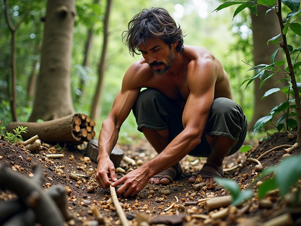 A man is crouched down in a lush forest, carefully gathering resources from the forest floor. He is shirtless and showcases a well-toned physique, with a concentration on his task. Surrounding him are vibrant green plants and the earth is scattered with natural materials. The sunlight filters through the trees, illuminating his efforts. The atmosphere is serene and focused, highlighting the connection between man and nature. This scene embodies the spirit of self-sufficiency and resourcefulness in an outdoor setting.