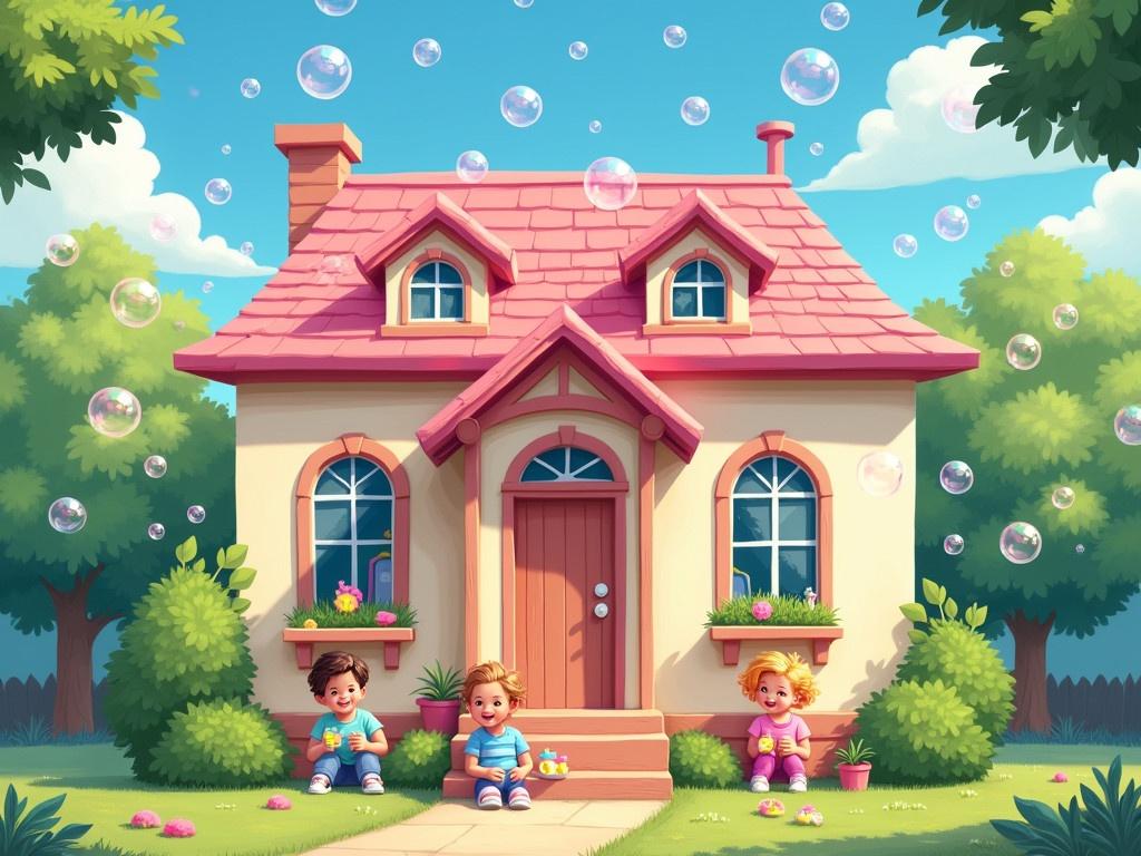 The scene captures a picturesque house with a striking pink roof and cream-colored walls, emphasizing its charming architectural features. In front of the house, three kids are joyfully seated on the stairs, each engaged in play with colorful toys. Surrounding the house are lush green plants, creating a warm and welcoming environment. Additionally, hundreds of beautiful bubbles are falling from the clear blue sky, adding a whimsical touch to the setting. The sunlight highlights the vibrant colors of the scene, making it feel lively and enchanting.