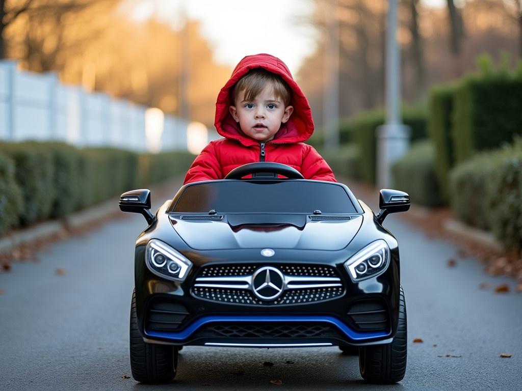 A young child is seated in a small electric car, styled to resemble a luxury vehicle. The child is wearing a bright red winter jacket, complete with a hood, and is focused on driving. The toy car is designed like a Mercedes-Benz with sleek, modern lines and a shiny black finish, highlighted with blue accents. The scene is set on a quiet, empty street, with overgrown bushes along the road edges and a white fence in the background. The day appears clear and bright, indicating early morning or late afternoon light.