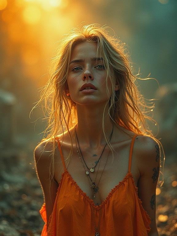 Captivating portrait of a starlet surrounded by a unique landscape. Warm amber and gold colors create a striking scene. Subject shows deep emotions with flowing hair and visible tattoos. Breathtaking sharpness enhances the image quality.