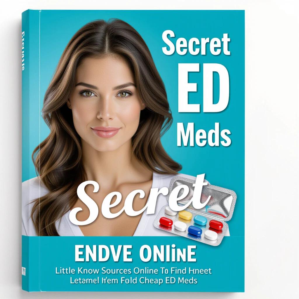 Professional ebook cover for Secret ED Meds Online. Title prominently displayed. Attractive woman featured. Includes visually appealing medication graphics. Designed for online marketing.
