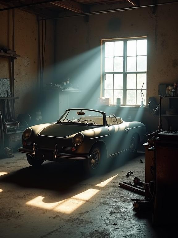Classic car in a rustic garage environment. Tools scattered around. Soft rays of light coming through a window, creating a cozy mood. Detailed industrial aesthetic with a vintage vibe. Vertical orientation suitable for mobile wallpaper. 4K resolution.