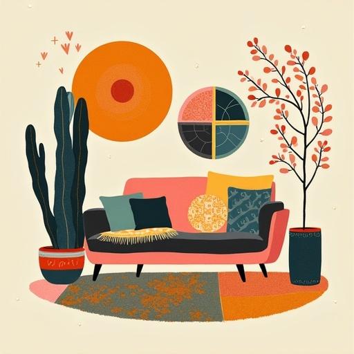 A colorful and stylish boho living space featuring a mid-century modern couch. Accompanying plants and decorative elements surround the couch. Bright and warm color palette used throughout the artwork.