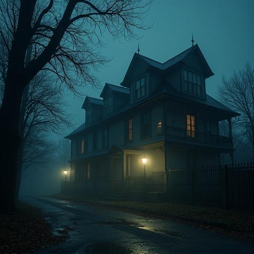 A spooky old hotel is shrouded in fog at night. The building has multiple levels and Victorian architecture. Some lights shine from the windows while the surrounding trees are bare. A street lamp illuminates the path. The atmosphere is eerie and mysterious.