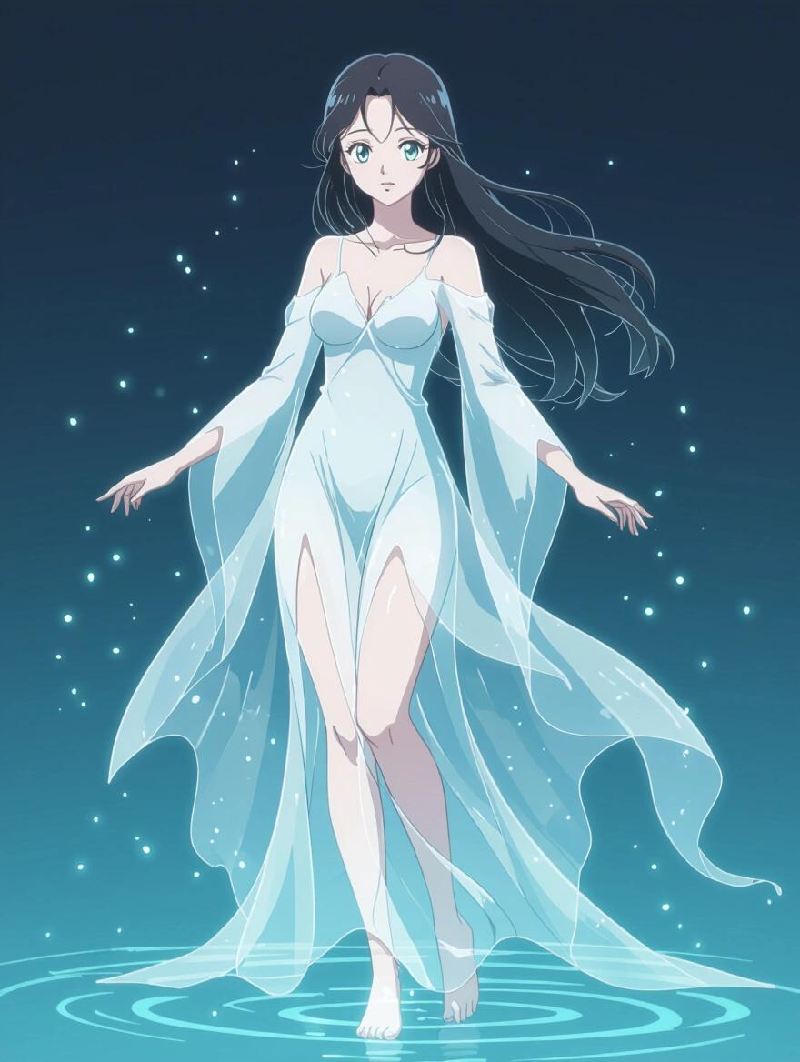 Anime-style female ghost character with gracefully curved figure. Semi-transparent form glowing softly. Flowing long hair floats gently. Wears a ghostly translucent gown moving in a breeze. Large expressive glowing eyes with calm mysterious expression. Design communicates supernatural spirit with floating particles and soft aura. No photorealism present. 2D anime illustration with muted tones and atmospheric lighting on dark background. Crisp clean line art and high clarity for sublimation.