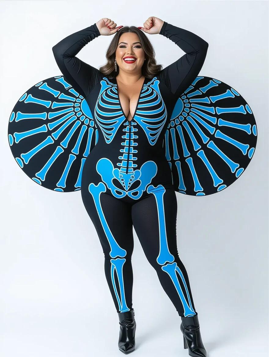 Photograph of a woman standing against a plain white background. She wears a full-body, form-fitting bodysuit with a skeleton design in bright blue and white. The bodysuit includes ribcage and skeletal details. She smiles confidently with red lipstick. Her arms are raised with hands clasped together. She wears high-heeled ankle boots. The bodysuit has a front zipper and fits closely, highlighting her curves. The costume is festive, suitable for Halloween or costume parties. The lighting is bright and even. The photograph has high contrast and vibrant colors. The overall mood is playful and fun.