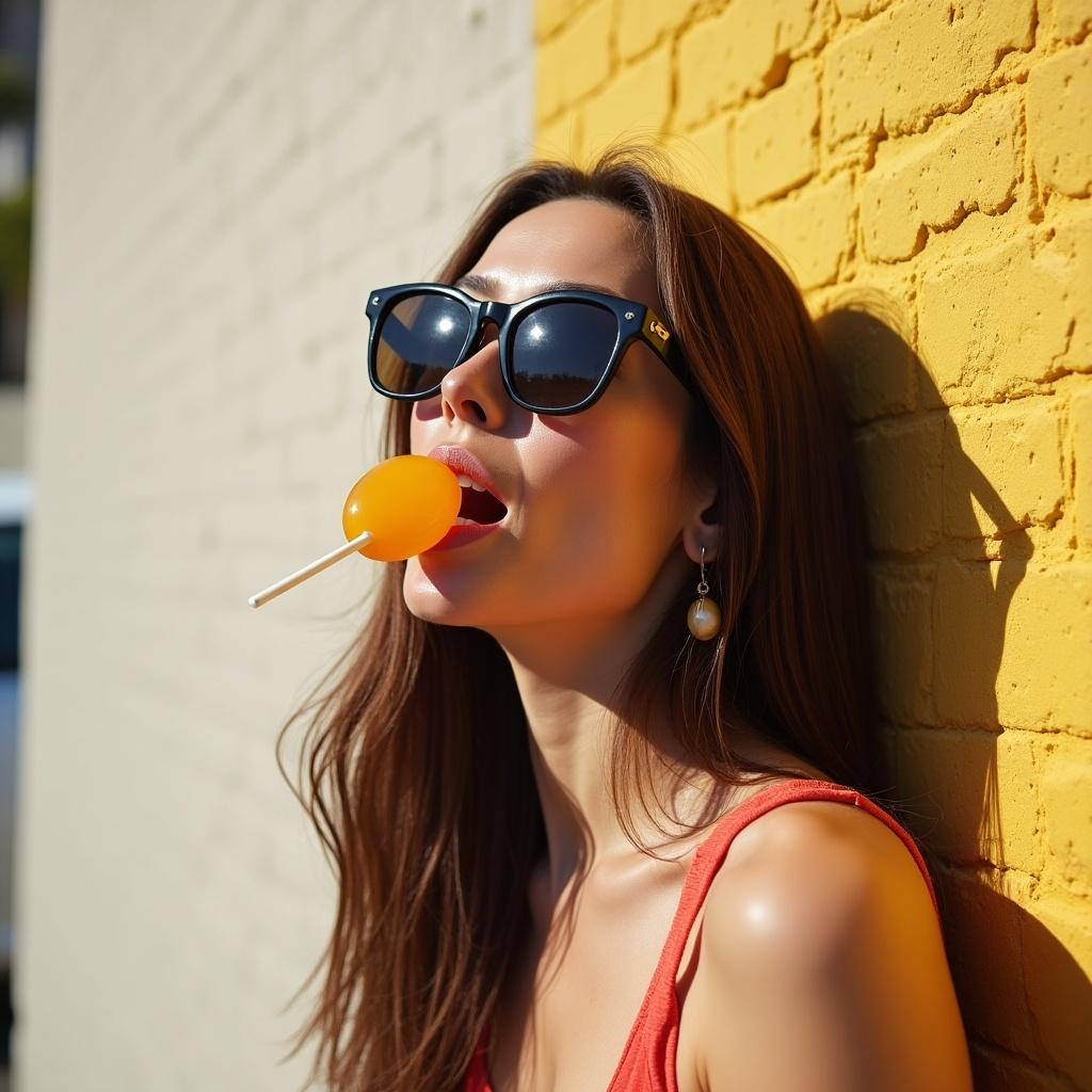 A woman enjoys a lollipop while posing against a textured wall with sunglasses on. Bright and cheerful atmosphere.