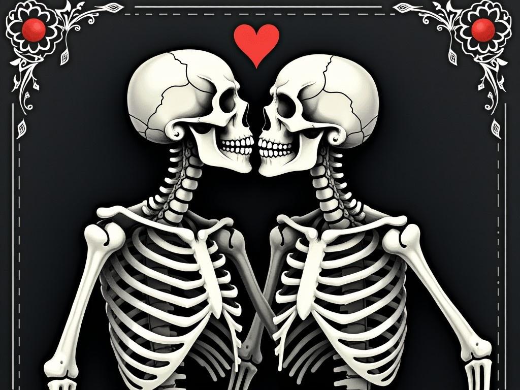 This image showcases two skeletons passionately kissing, symbolizing eternal love even in death. The design is predominantly black, emphasizing the white bones of the skeletons. Above them, a red heart adds a pop of color, enhancing the romantic theme. The background features decorative patterns that evoke a sense of gothic charm. This artwork captures the interplay between love and mortality.