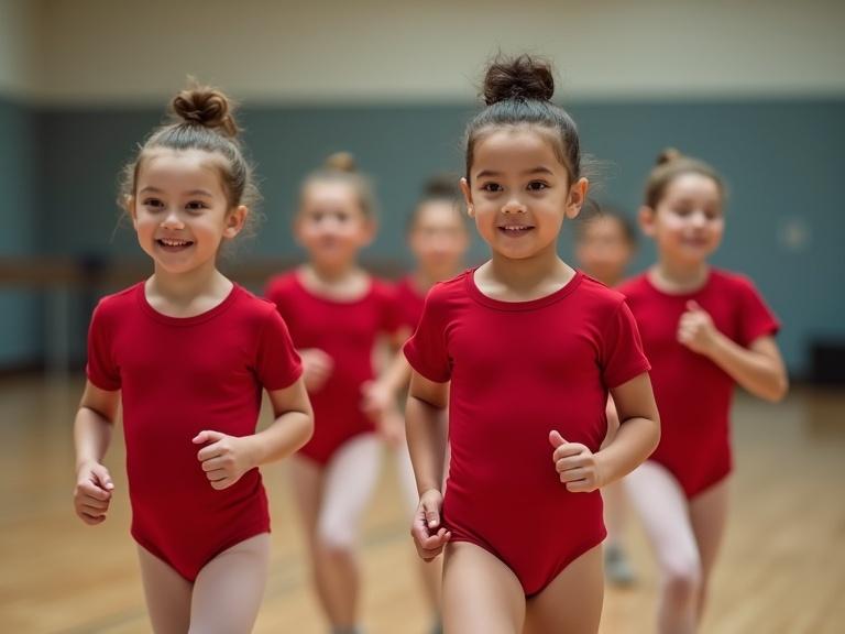 Children in red short-sleeved leotards run side by side in a gym setting capturing joy and energy.