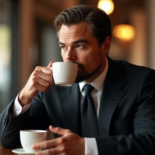 Detailed and realistic image of a man in a suit sitting indoors. He holds a coffee cup. The surrounding environment suggests a sophisticated cafe setting. Focus on textures and lighting for a lifelike appearance. Emphasis on color and details for visual accuracy. Fotorrealista style is essential.