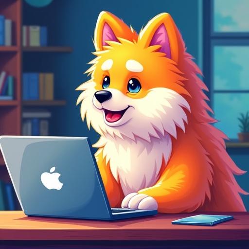 Cartoon style image of a samoyedo coding with a macbook. Bright colors and vibrant details. A furry friend smiles while engaged in programming. Indoor setting with a desk and a phone.