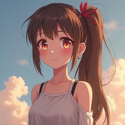 Anime character is a tall girl with brown hair in a ponytail. She has light pink eyes and a slightly mocking expression. Background features a soft, cloudy sky.