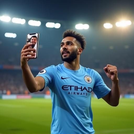 A Manchester City striker in a light blue ETIHAD AIRWAYS jersey with bold number 7 celebrates. He holds a smartphone with his family on a video call. The scene shows cheering crowds and stadium lights. Focus on jersey details, dynamic shadows on the pitch, and light capturing joyful faces on the phone.