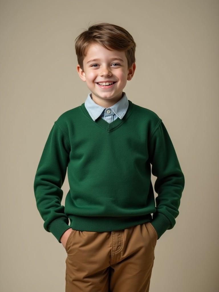 Image of a ten years old boy wearing green jumper and brown trousers. The boy stands with hands in pockets and faces the camera. The background is a soft beige color.