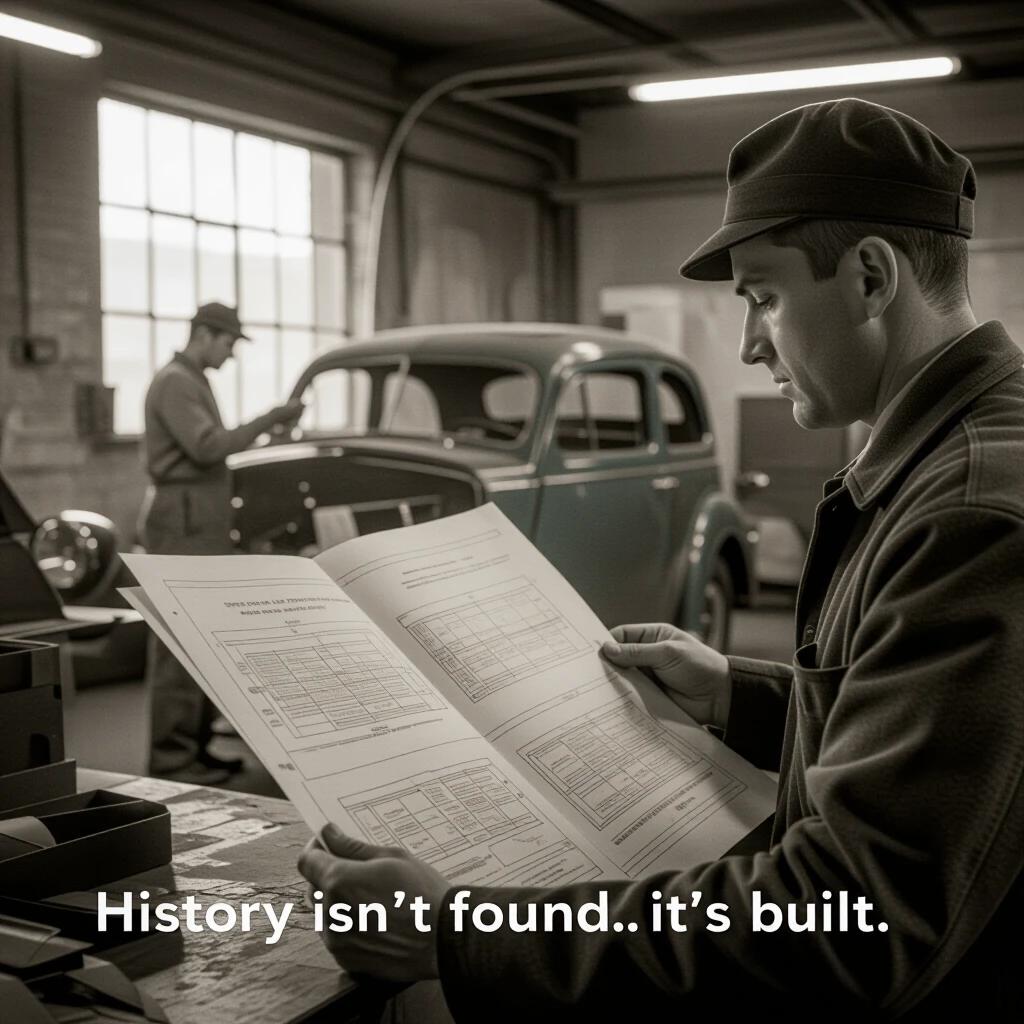 A garage scene with hands holding 1930s automotive blueprints. Ghostly engineers building a prototype in background. Soft focus with a blend of sepia tones and vivid restoration. Text reads: 'History isn't found... it's built'. Cinematic lighting highlights the scene.