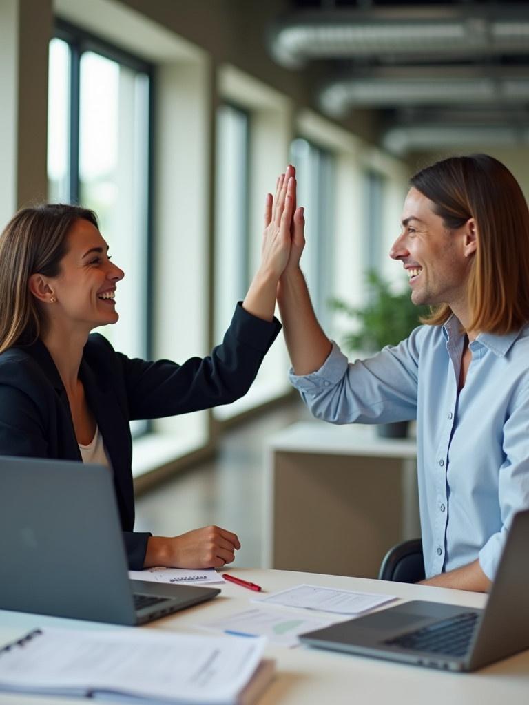 Two colleagues happily high-fiving in a modern office setting. Laptops and documents are on the table. Bright and airy atmosphere.