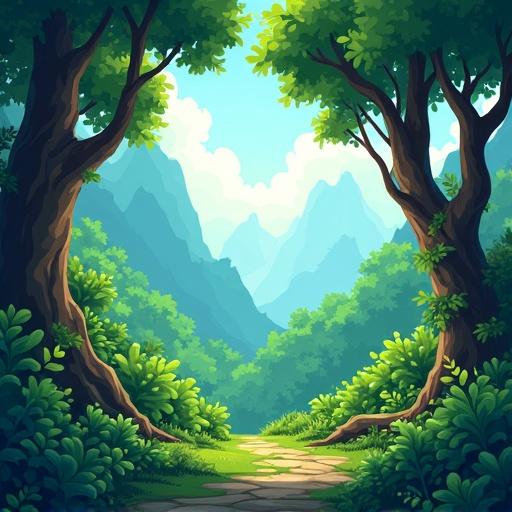 A lush forest backdrop designed for a 2D platformer. Dense foliage, towering trees, and sunlight filtering through leaves. Parallax layers include foreground vines, midground trees, and distant mountains. Artwork in vibrant cartoon style, full color, no outlines, with 4K resolution.