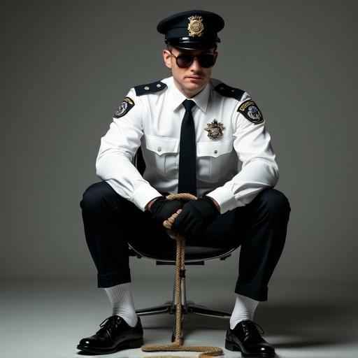 A male policeman in a white shirt and black pants sits tied up in a chair. He wears sunglasses, black gloves, and has brown short hair. A police cap rests on his head. His hands and feet are bound with rope.