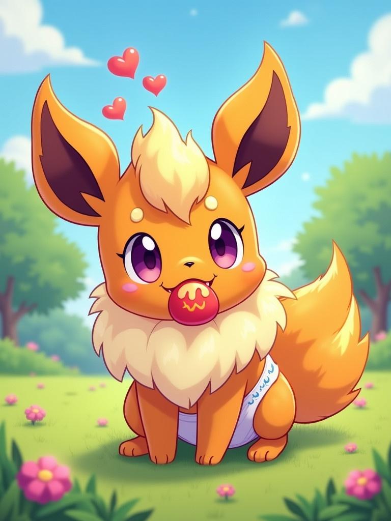 A baby male Flareon with a playful expression sits on the grass. It has purple eyes. A cute orange and red dummy is in its mouth. It wears a white nappy featuring fire flames and blue fire accents. Hearts float above its head showing love for diapers. The background features vibrant grass and flowers, with trees and a sunny blue sky.