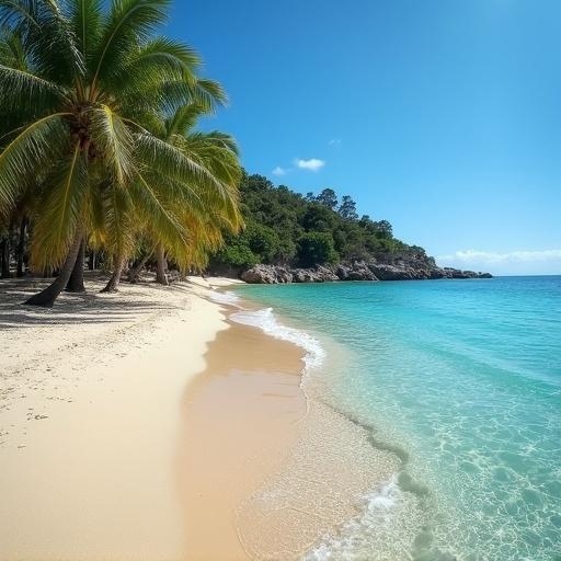 Tropical beach scene captured from a low angle 20 centimeters above the ground. Palm trees line the shore with clear turquoise water lapping against the sandy beach.